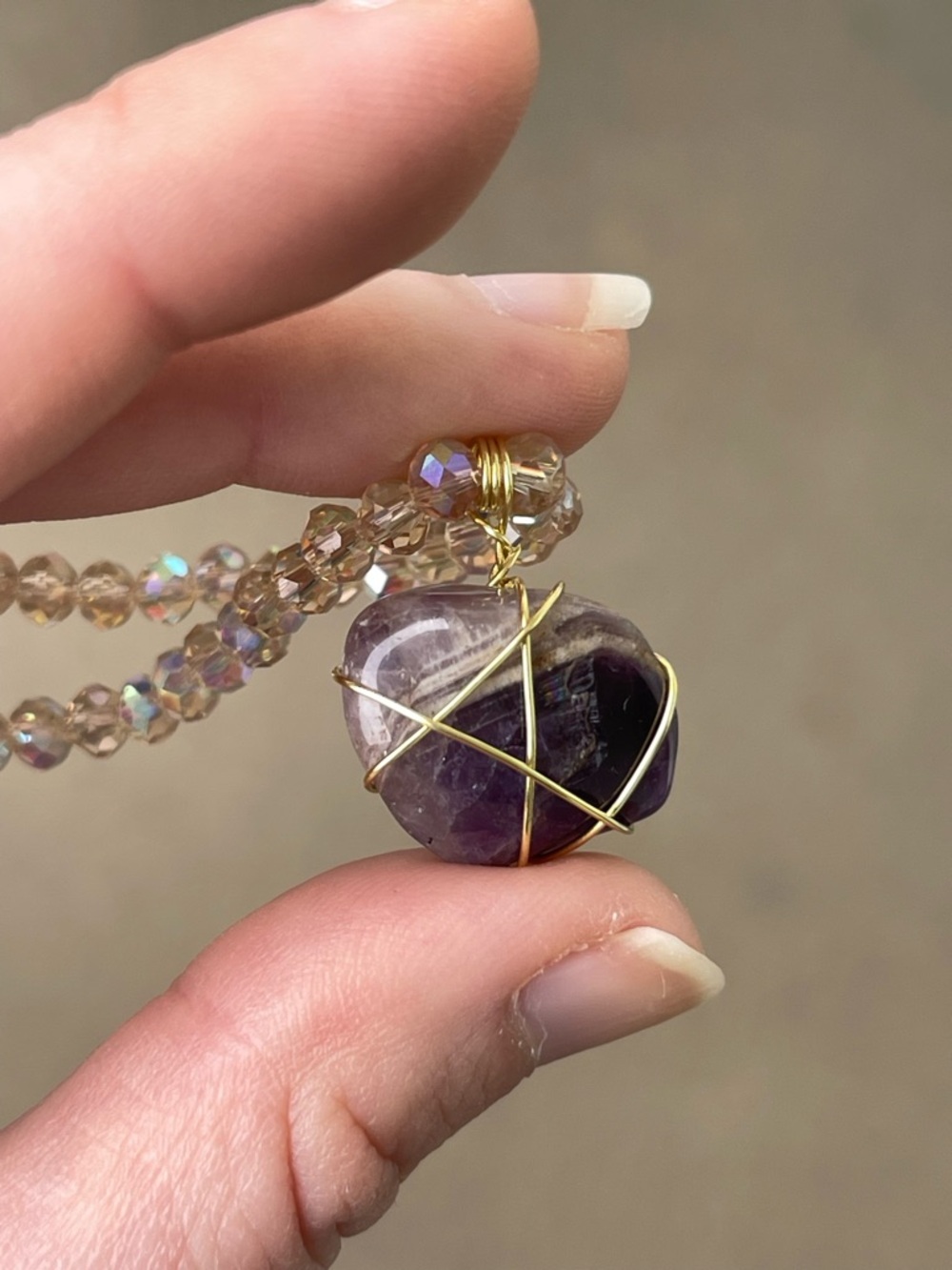 Amethyst Purple Gemstone Wire Wrapped Necklace Champagne Glass Beads Handmade